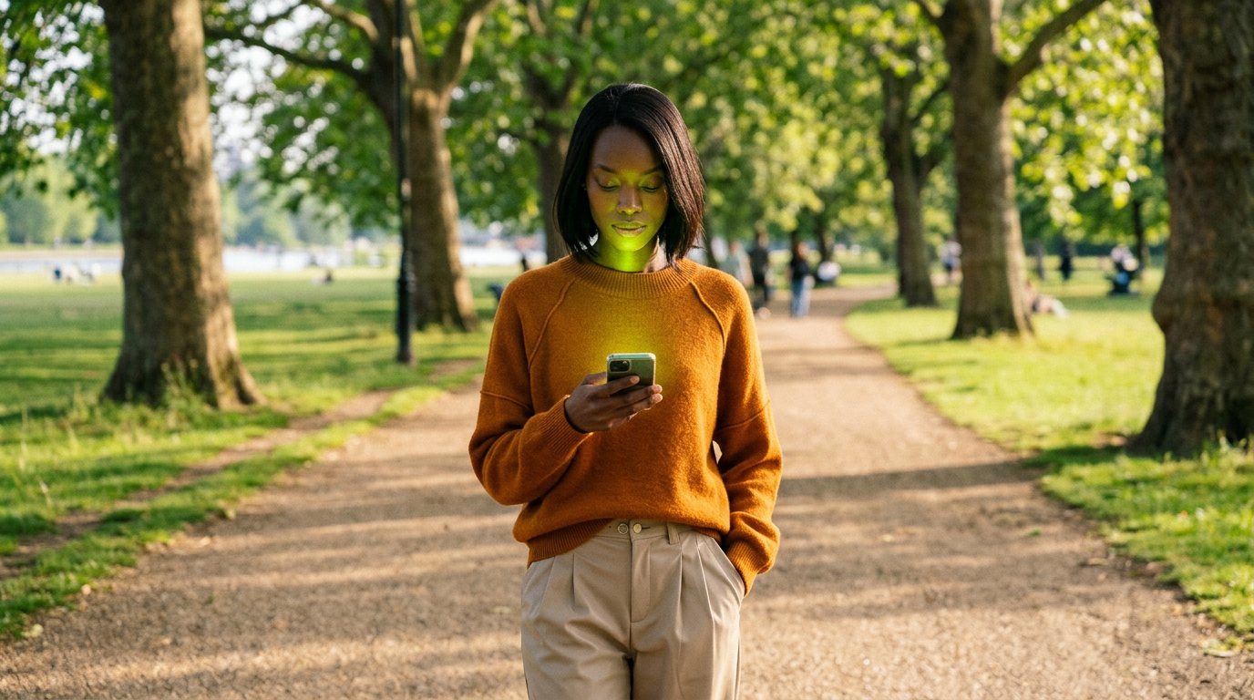 Person smiling and looking at phone in a park