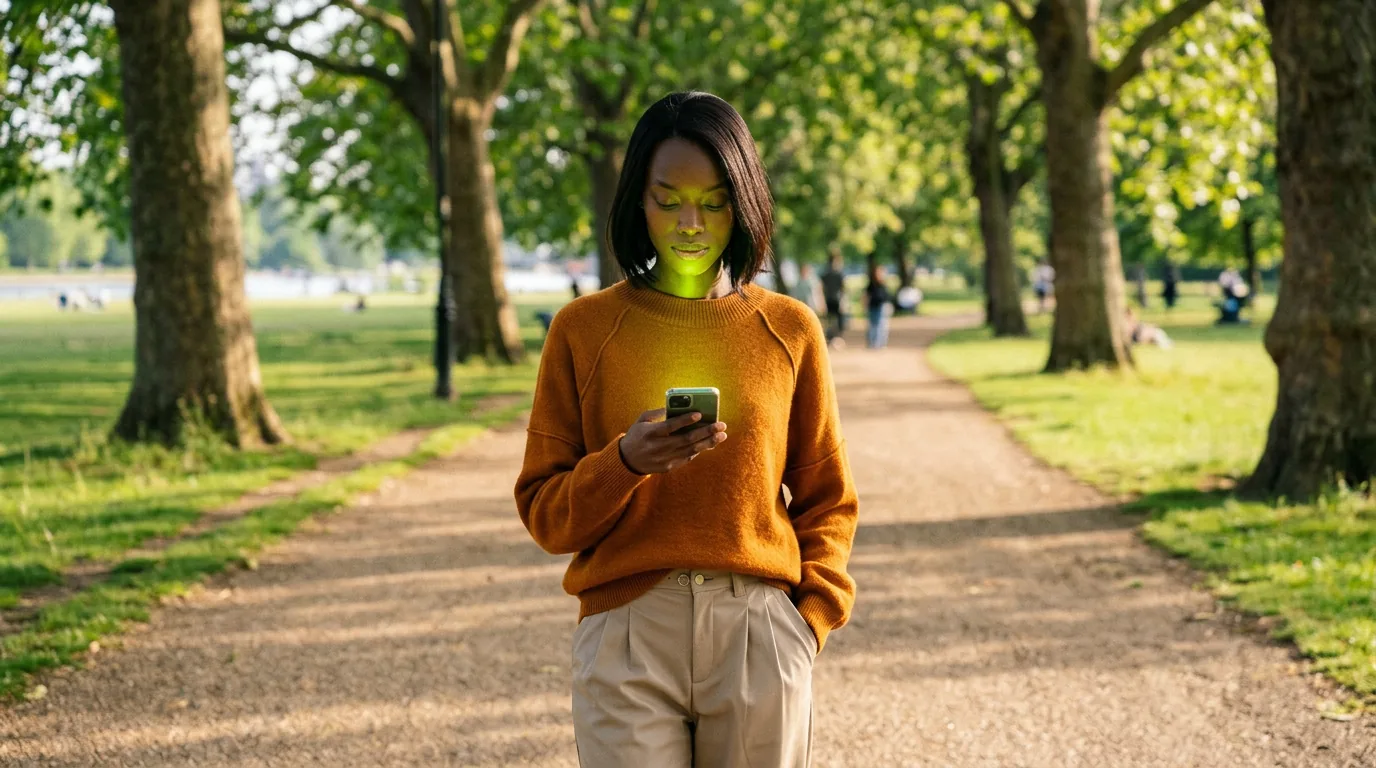 Person smiling and looking at phone in a park